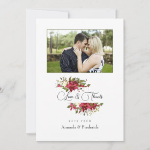 Tarjeta De Agradecimiento Foto de Navidad con Poinsettia y Acebo en Acuarela