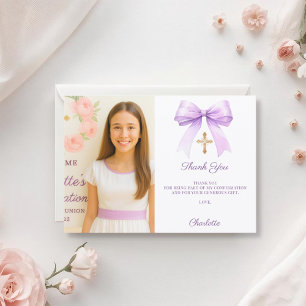 Tarjeta De Agradecimiento Foto de niña con lazo lavanda Confirmación