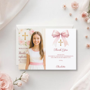 Tarjeta De Agradecimiento Foto de niña con lazo rosa Confirmación