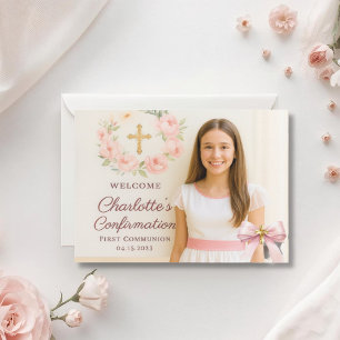 Tarjeta De Agradecimiento Foto de niña con lazo rosa cruz Primera Comunión