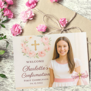 Tarjeta De Agradecimiento Foto de niña con lazo rosa cruz Primera Comunión