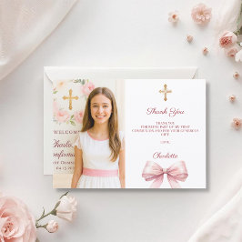 Tarjeta De Agradecimiento Foto de niña con lazo rosa Primera Comunión