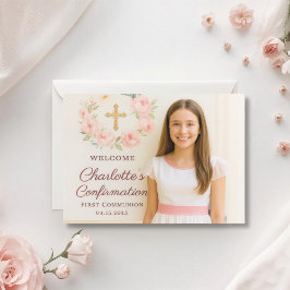 Tarjeta De Agradecimiento Foto de niña lazo rosa cruz confirmación
