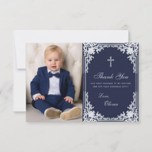 Tarjeta De Agradecimiento Foto de Niño de Bautizo Vintage Elegante Azul Mari