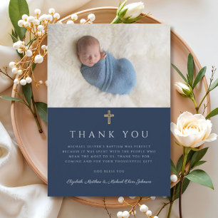 Tarjeta De Agradecimiento Foto de niño religioso azul marino elegante