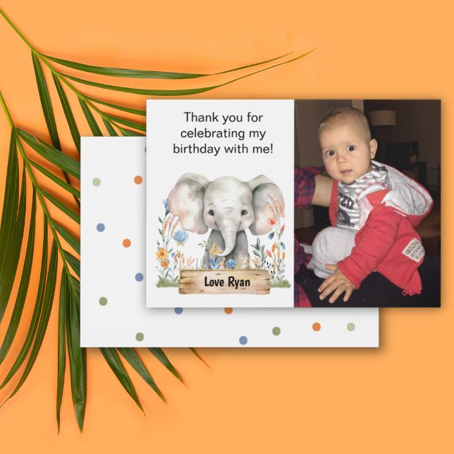 Tarjeta De Agradecimiento Foto de Niños Gracias (Safari Jungle Elephant Colorful Flowers Dots Personalizable Photo Birthday Thank You Card)