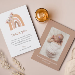 Tarjeta De Agradecimiento Foto de nuevo bebé con flores boho y hierba de pam