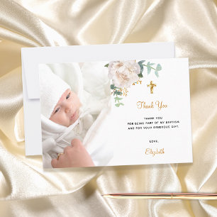 Tarjeta De Agradecimiento Foto de oro blanco floral de bautismo