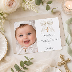 Tarjeta De Agradecimiento Foto de perlas de lazo blanco Bautizo niña