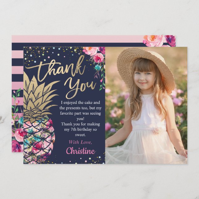 Tarjeta De Agradecimiento Foto de Piña Tropical Rosa Dorado Azul Marino (Anverso / Reverso)