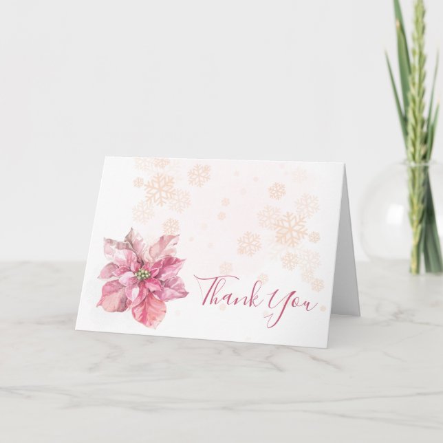 Tarjeta De Agradecimiento Foto de poinsettia rosa con copo de nieve. (Anverso)