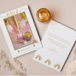 Tarjeta De Agradecimiento Foto de primer cumpleaños Boho Rainbow de oro rosa