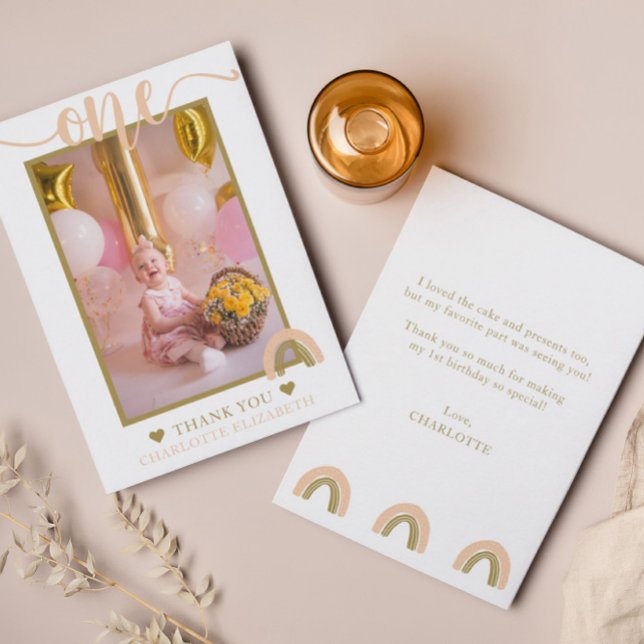 Tarjeta De Agradecimiento Foto de primer cumpleaños Boho Rainbow de oro rosa (Subido por el creador)