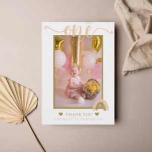 Tarjeta De Agradecimiento Foto de primer cumpleaños Boho Rainbow rosa dorado