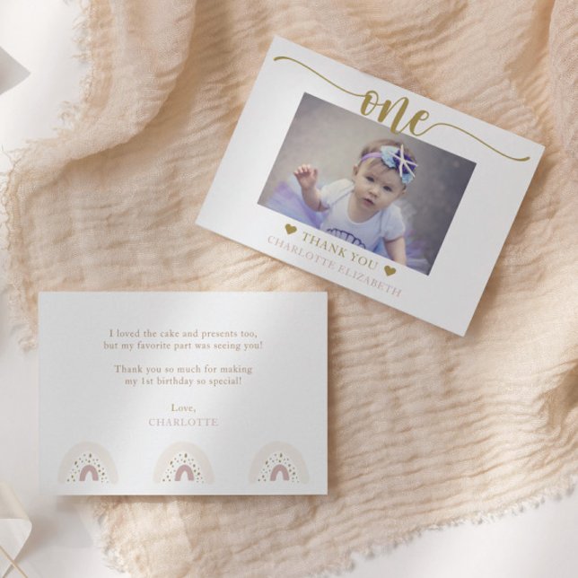 Tarjeta De Agradecimiento Foto de primer cumpleaños con letra elegante (Subido por el creador)
