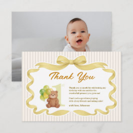 Tarjeta De Agradecimiento Foto de primer cumpleaños de Beary con cinta de or