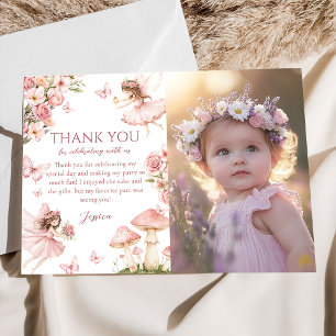 Tarjeta De Agradecimiento Foto de primer cumpleaños de hada floral rosa