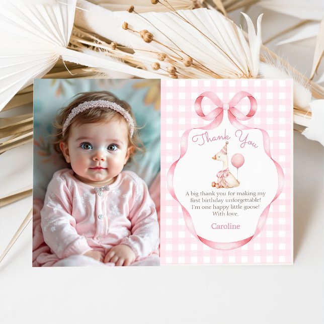 Tarjeta De Agradecimiento Foto de primer cumpleaños de Pink Bow Silly Goose (Subido por el creador)