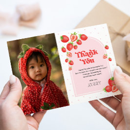 Tarjeta De Agradecimiento Foto de primer cumpleaños de Red Strawberry Berry