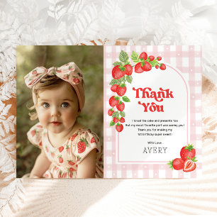 Tarjeta De Agradecimiento Foto de primer cumpleaños de Red Strawberry Berry