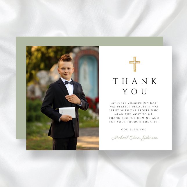 Tarjeta De Agradecimiento Foto de primera comunicación de Sage Green Cross B (Sage Green Cross Boy First Communion Photo Thank You Card)