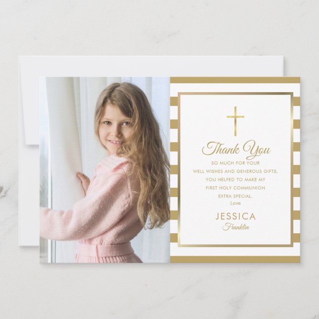 Tarjeta De Agradecimiento Foto de Primera Comunión con franja dorada (Anverso)