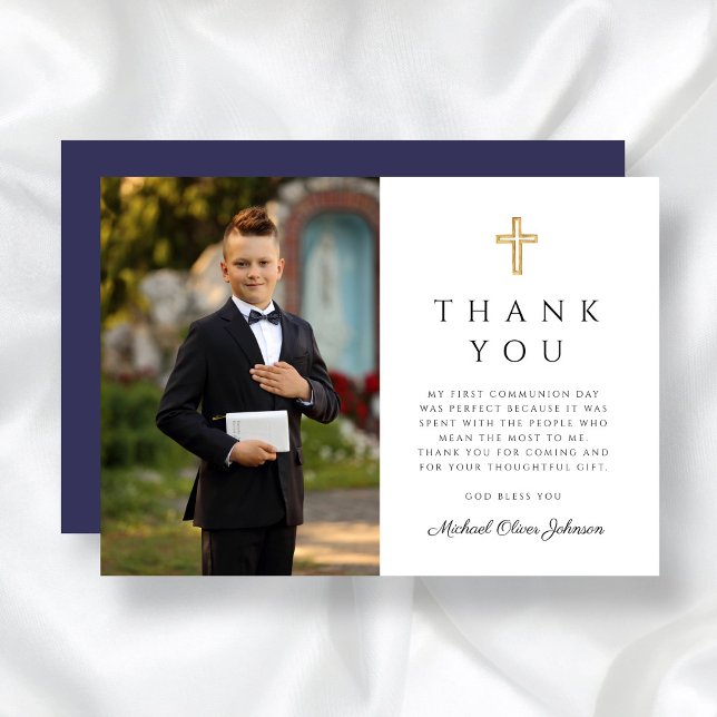 Tarjeta De Agradecimiento Foto de primera comunión de Navy Blue Cross Boy (Navy Blue Cross Boy First Communion Photo Thank You Card)