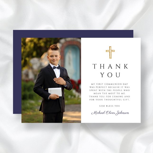 Tarjeta De Agradecimiento Foto de primera comunión de Navy Blue Cross Boy (Navy Blue Cross Boy First Communion Photo Thank You Card)