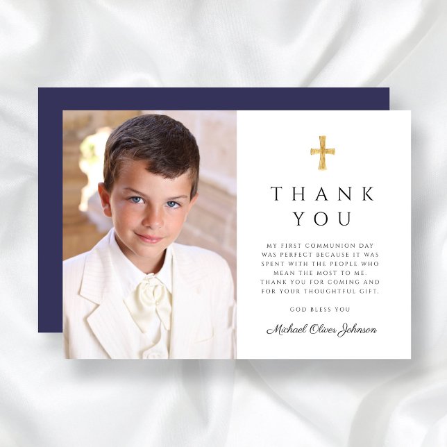 Tarjeta De Agradecimiento Foto de primera comunión de niño de la Cruz Azul d (Modern Navy Blue Cross Boy First Communion Photo Thank You Card)