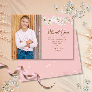 Tarjeta De Agradecimiento Foto de Primera Comunión Rosa Flor Blanca 