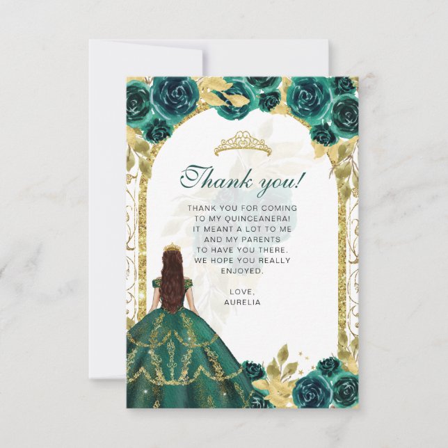 Tarjeta De Agradecimiento Foto de Quinceañera con flores de esmeralda elegan (Anverso)