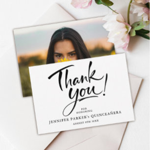 Tarjeta De Agradecimiento Foto de Quinceañera en Blanco y Negro Moderna