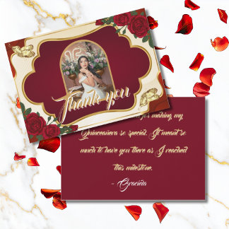 Tarjeta De Agradecimiento Foto de Quinceañera en Rojo Borgoña y Oro