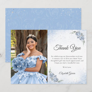 Tarjeta De Agradecimiento Foto de Quinceañera Princesa Azul Claro y Plateado