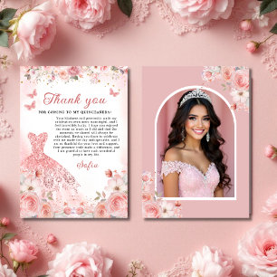 Tarjeta De Agradecimiento Foto de Quinceañera Rubor Floral Rosa Rosa Rosa