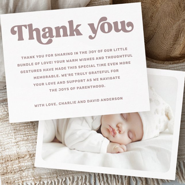 Tarjeta De Agradecimiento Foto de recién nacido de fuentes retro (Retro font new baby baptism photo thank you card)