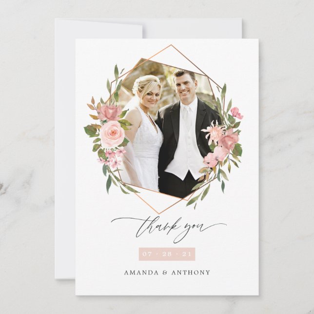 Tarjeta De Agradecimiento Foto de Rosa Gold y Boda geométrico Rubor (Anverso)