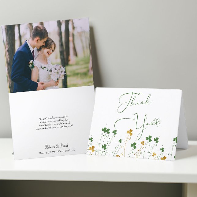 Tarjeta De Agradecimiento Foto de Shamrock Wildflower White Boda (Wedding Photo Thank You card from my Shamrock Wildflower Wedding Collection)