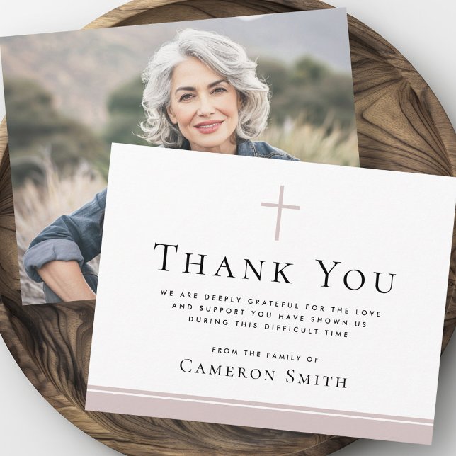 Tarjeta De Agradecimiento Foto de simpatía funeral cruz taupe rosa (Rose taupe cross funeral sympathy photo thank you card)