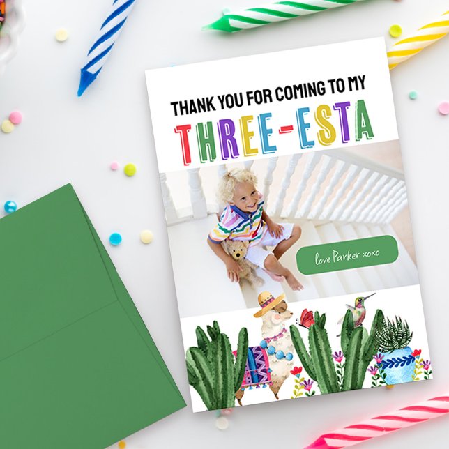 Tarjeta De Agradecimiento Foto de tercer cumpleaños de Three-esta Fiesta (Colorful Three-esta fiesta thank you card personalized with your photo)