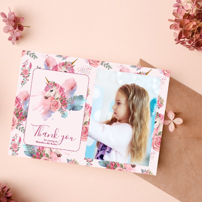 Tarjeta De Agradecimiento Foto de unicornio fiesta de cumpleaños arcoiris (Subido por el creador)