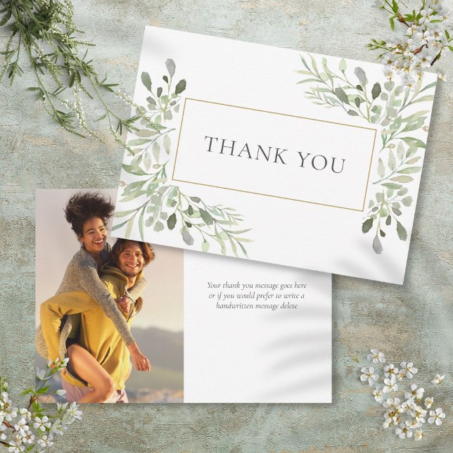 Tarjeta De Agradecimiento Foto de verde elegante de hojas suaves (Elegant Soft Leaves Greenery Photo Thank You Card)