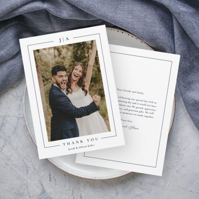 Tarjeta De Agradecimiento Foto del Boda azul de la marina clásica (Elegant Monogram Navy Blue Photo Wedding Thank you Cards.)
