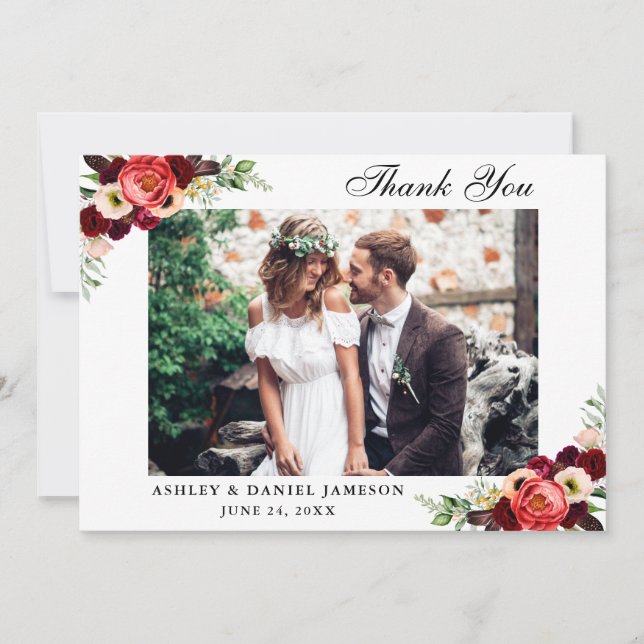 Tarjeta De Agradecimiento Foto del Boda Burgundy Floral Boho (Anverso)