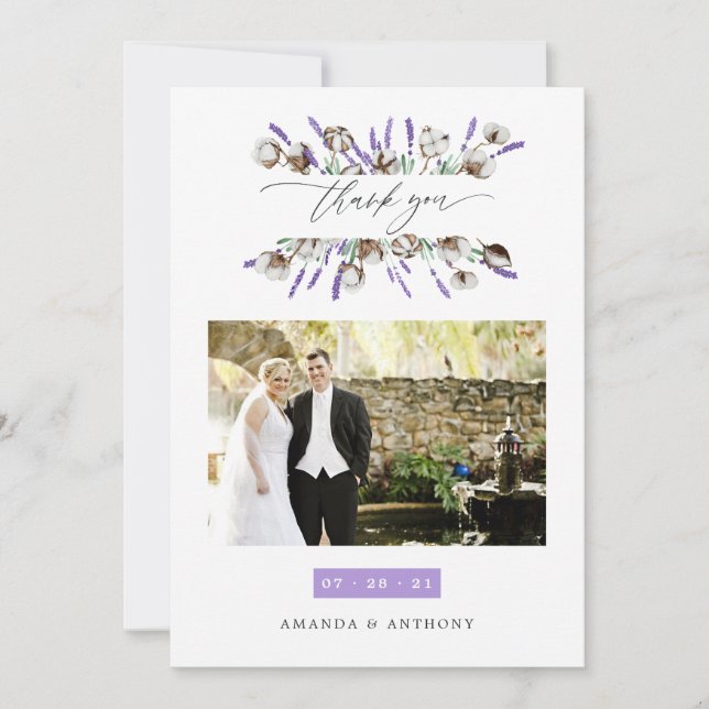Tarjeta De Agradecimiento Foto del Boda Cotton Lavender (Anverso)
