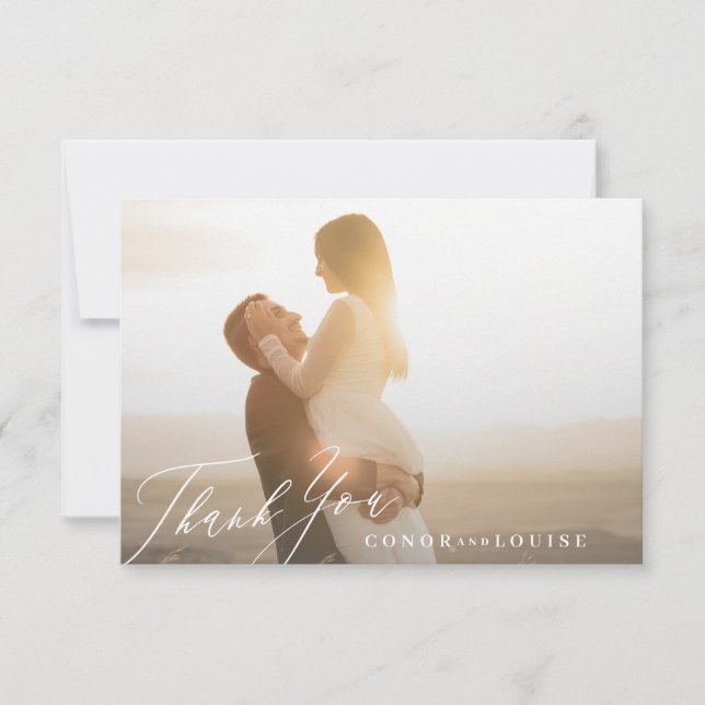 Tarjeta De Agradecimiento Foto del Boda de caligrafía blanca verde sabio clá (Anverso)