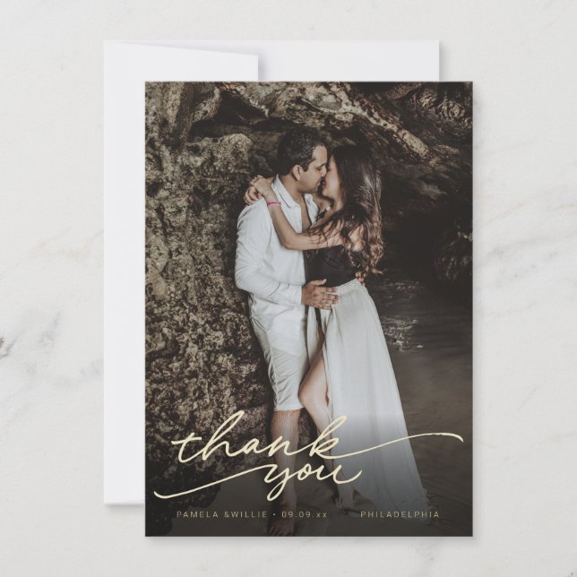 Tarjeta De Agradecimiento Foto del Boda de escritura cursiva de moda (Anverso)