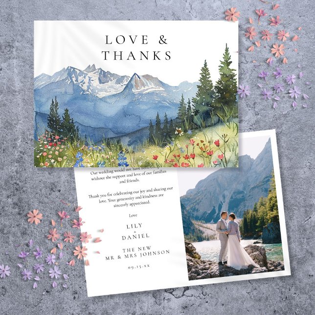 Tarjeta De Agradecimiento Foto del Boda de flores silvestres de la montaña W (Watercolor Mountain Wildflower Wedding Photo Thank You Card)