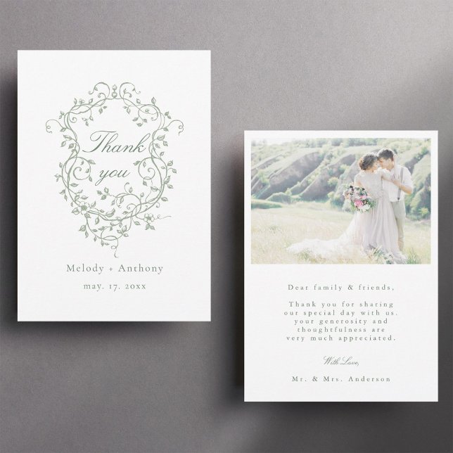 Tarjeta De Agradecimiento Foto del Escudo floral verde sabio clásico francés (Front & Back)