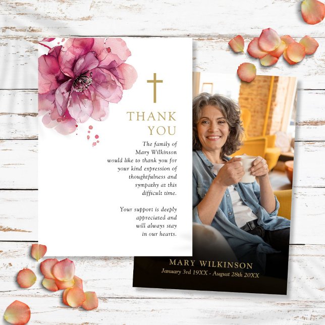 Tarjeta De Agradecimiento Foto del funeral cristiano conmemorativo de florac (Pink Floral Christian Memorial Funeral Photo Thank You Card)